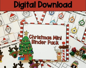 May include: A Christmas Mini Binder Pack digital download featuring educational activity sheets with illustrations of a decorated Christmas tree, reindeer, and ornaments. The pages include letter matching, counting tasks, and pom-pom nose activities.