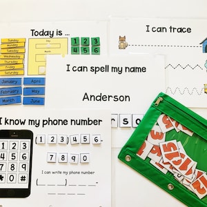 May include: A green zippered pouch with a clear plastic window containing colorful number tiles. The pouch is on a white surface next to a printable worksheet with the text "I know my phone number" and a black and white image of a cell phone with a number pad. The worksheet also includes a section for writing a phone number.