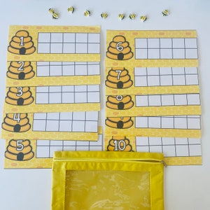Bee ten frames, counting activity, toddler activity, preschool activity, number recognition, 1-10 ten frames game, 10 frame Montessori
