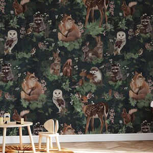 Woodland dark forest wallpaper removable nursery forest animals traditional wallpaper