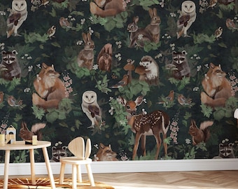 Woodland dark forest wallpaper removable nursery forest animals traditional wallpaper