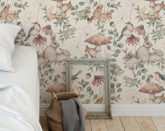 Kids vintage woodland wallpaper forest animals self adhesive mural