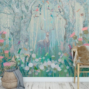 Nursery magic forest elk wallpaper kids fairytale traditional mural