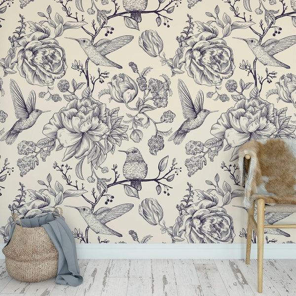 Vintage monochrome flower wallpaper hummingbird birds self adhesive traditional mural