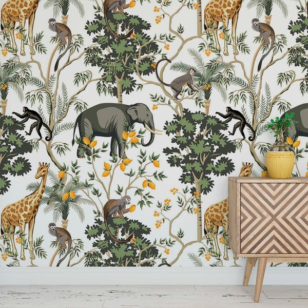 Pépinière jungle animaux papier peint traditionnel safari girafe éléphant singe autocollant murale