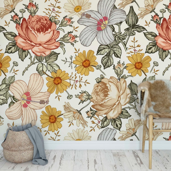 papier peint à fleurs vintage papier peint traditionnel auto-adhésif botanique beige