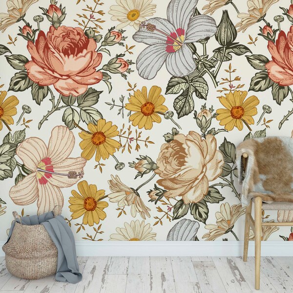 papier peint à fleurs vintage papier peint traditionnel auto-adhésif botanique beige