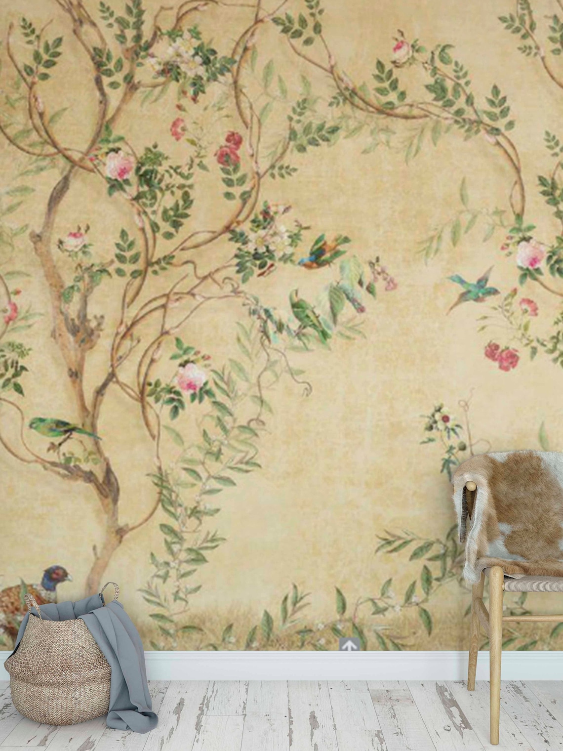 Vintage chinoiserie wallpaper pheasant peel and stick mural | Etsy