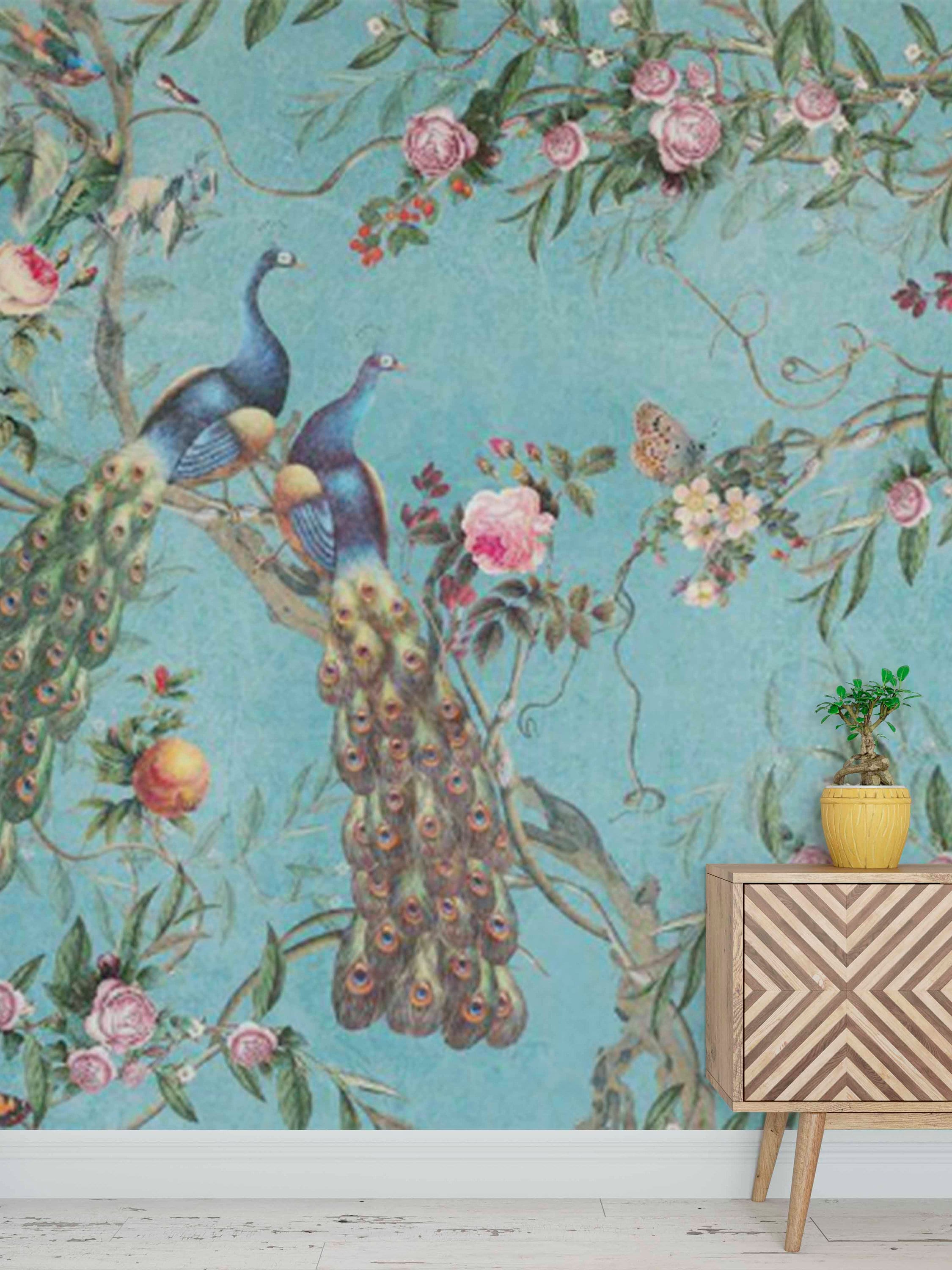 Vintage chinoiserie wallpaper peacock peel and stick mural | Etsy