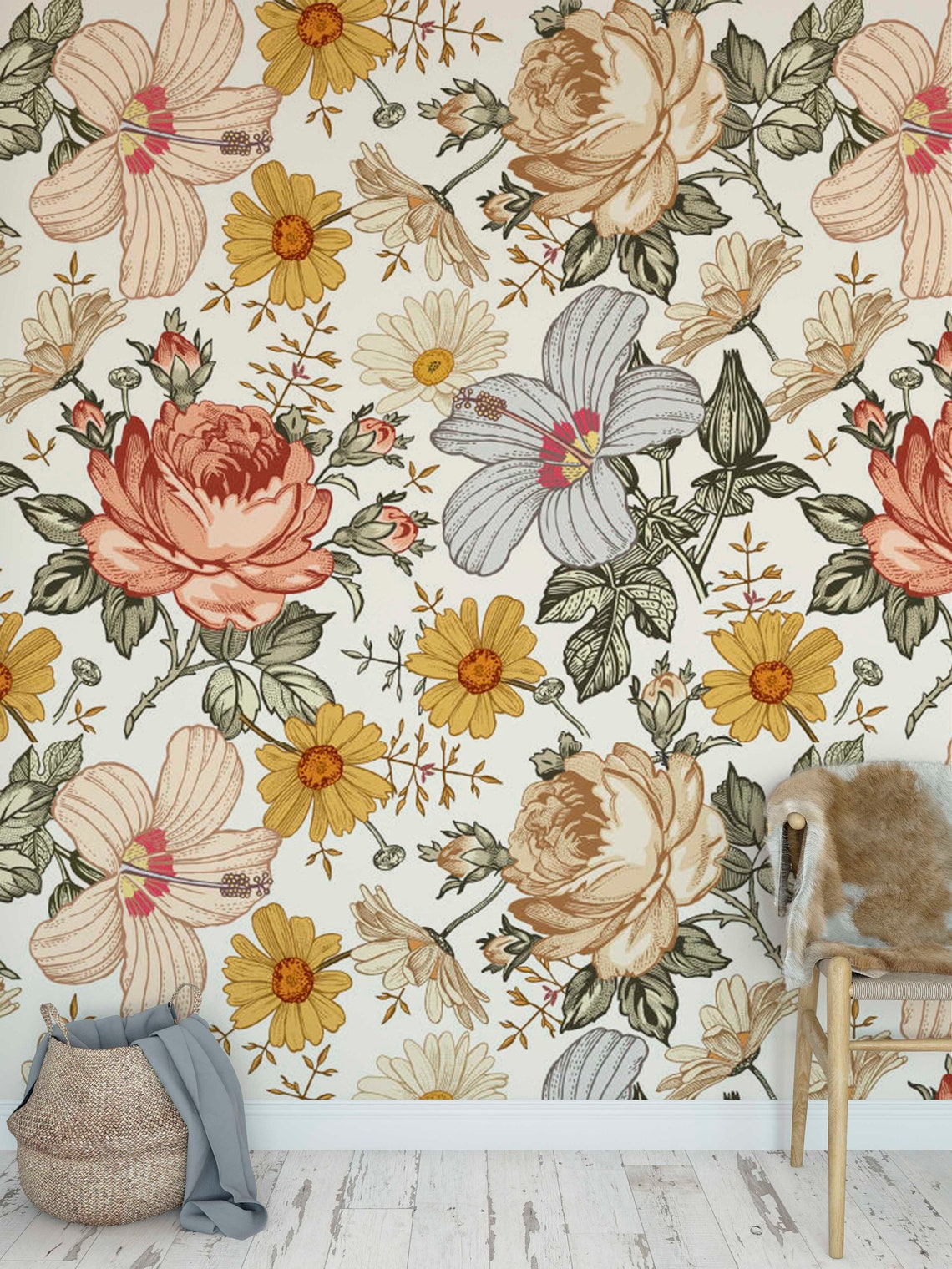 Vintage floral wallpaper peel and stick botanical beige | Etsy