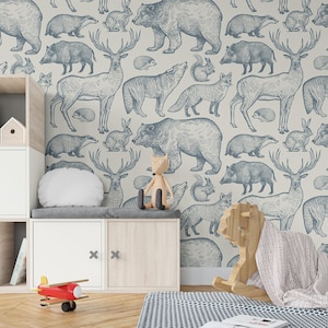 Nursery forest animals wallpaper scandinavian bear elk rabbit self adhesive mural