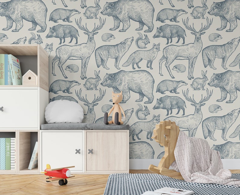 Nursery Forest Animals Wallpaper Scandinavian Bear Elk Rabbit Etsy