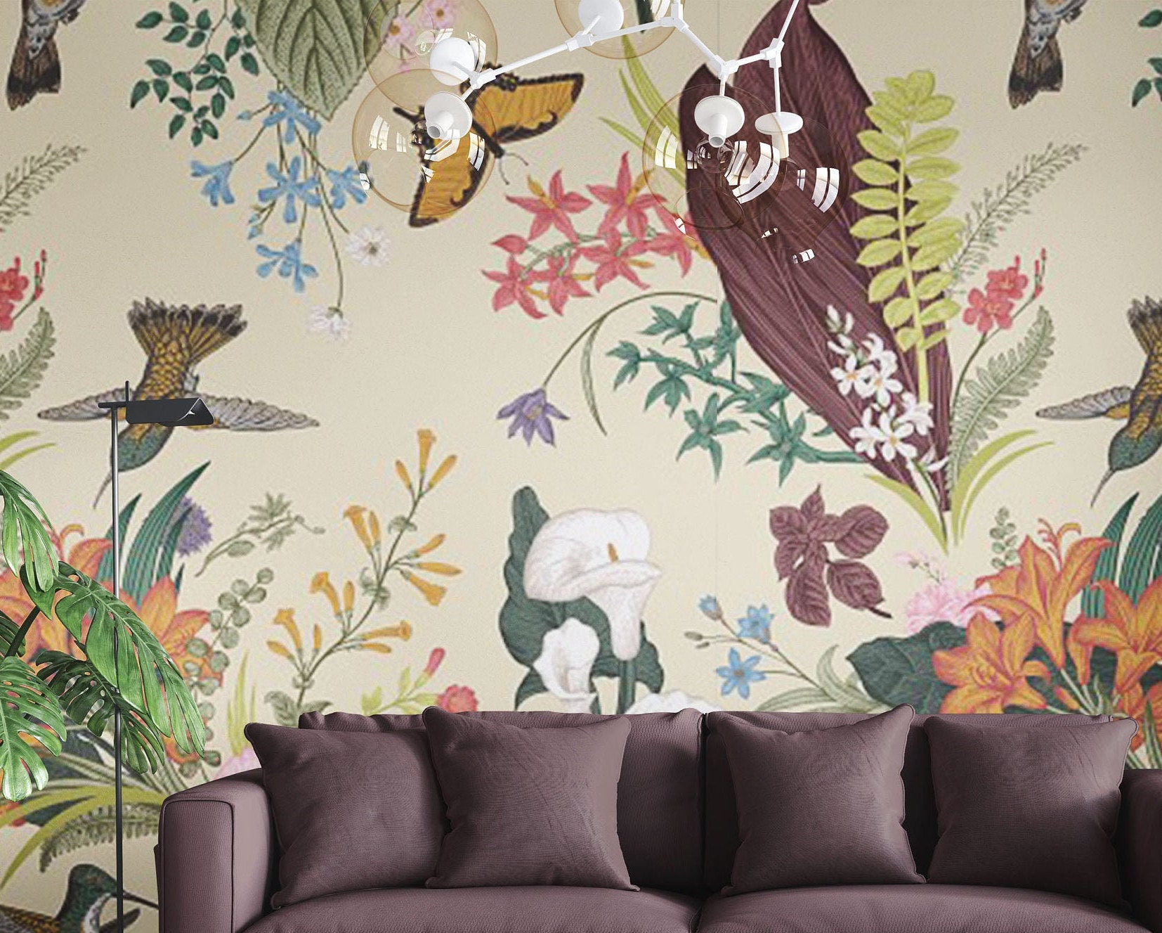 Birds and flowers botanical wallpaper peel and stick vintage | Etsy