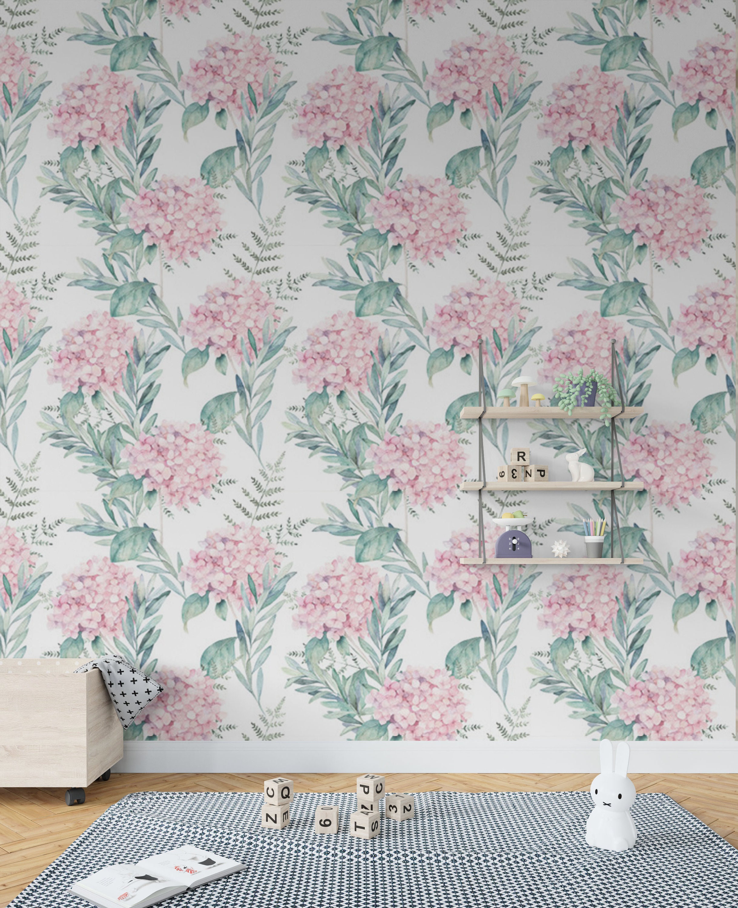 Hydrangea pink wallpaper eucalyptus peel and stick floral Etsy