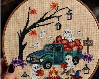 Halloween Cross-Stitch Pattern, Ghosts, Pumpkins, Truck (Digital Download)