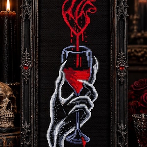 Gothic Cross Stitch Pattern PDF, Anatomical Heart Wine Glass, Skeleton Hand Needlepoint (Digital Download)