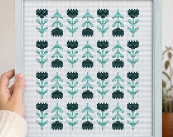 Scandinavian Cross Stitch Pattern, Minimalist Green Tree Embroidery (PDF Download)