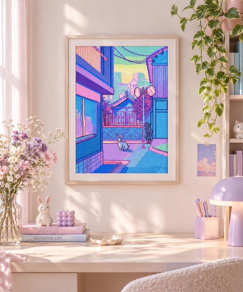 Pixel Pattern Coloring Pastel Tokyo Street Cross Stitch Pattern, Pixel Art Rabbit, Synthwave ...