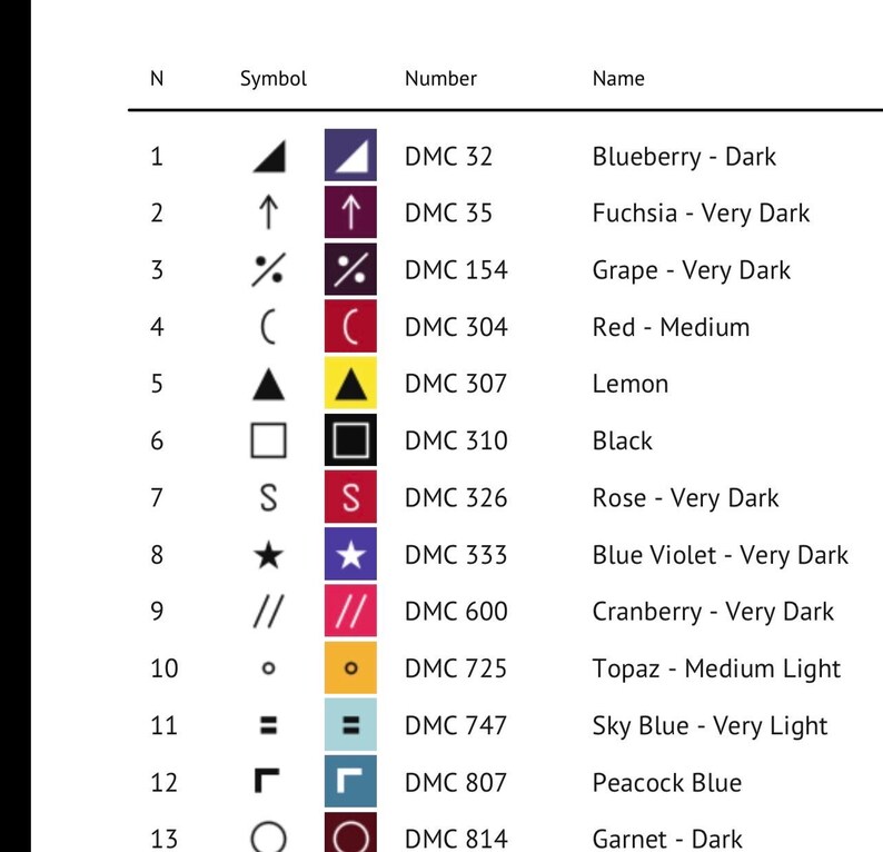 May include: A cross-stitch color key chart featuring thirteen rows. Each row lists an index number, a unique black symbol, a corresponding colored square, the DMC thread number, and the color name, including shades like Blueberry, Fuchsia, and Lemon.
