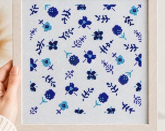 Scandinavian Floral Cross Stitch Pattern, Minimalist Blue Flower Sampler (PDF)