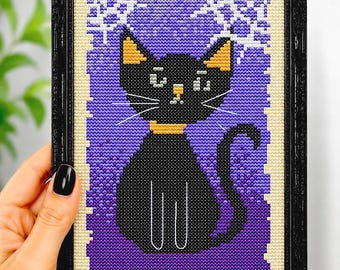Spooky Halloween Black Cat Cross Stitch Pattern, Goth Decor (PDF Download)