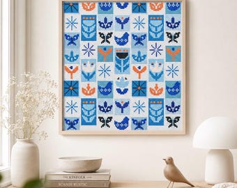 Scandinavian Folk Art Cross Stitch Pattern, Geometric Bird Flower Sampler (PDF Download)