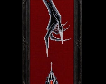Gothic Cross Stitch Pattern, Dracula's Finger, Nosferatu Church, Blackwork Embroidery