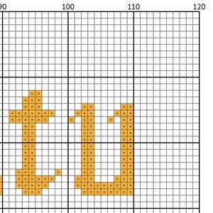 May include: A digital cross-stitch pattern on a white grid background featuring the letters t and u rendered in orange pixels. The grid includes black horizontal and vertical lines with numerical markers 90, 100, 110, and 120 at the top.