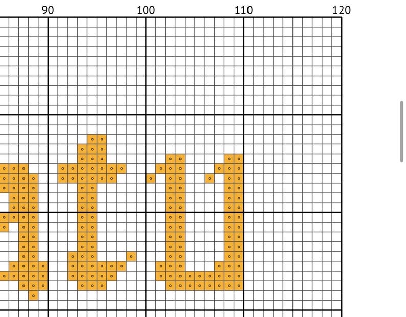 May include: A digital cross-stitch pattern on a white grid background featuring the letters t and u rendered in orange pixels. The grid includes black horizontal and vertical lines with numerical markers 90, 100, 110, and 120 at the top.
