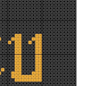 May include: A digital cross-stitch pattern grid featuring a black background with a grid of white lines. The number 11 is rendered in a bright orange color, with each square containing a small dot. The top axis displays numbers 100, 110, and 120.