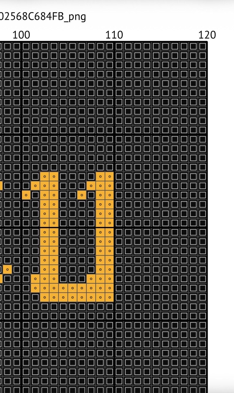 May include: A digital cross-stitch pattern grid featuring a black background with a grid of white lines. The number 11 is rendered in a bright orange color, with each square containing a small dot. The top axis displays numbers 100, 110, and 120.