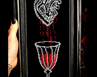 Cross-stitch pattern: heart and blood in a glass. Blackwork technique.