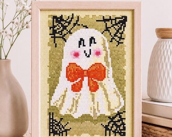 Kawaii Halloween Ghost Cross Stitch Pattern | Pastel Pink Cheeks, Orange Bow Tie (Digital Download)