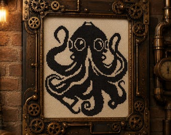 Steampunk Octopus Cross Stitch Pattern: Kraken Design, Handcrafted Embroidery Chart