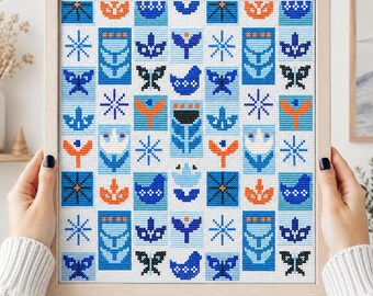 Scandinavian Folk Art Cross Stitch Pattern, Geometric Bird Flower Sampler (PDF Download)