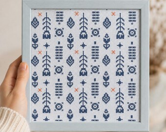 Scandinavian Floral Cross Stitch Pattern, Minimalist Grey Flower Sampler (PDF)