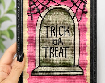 Gothic Tombstone Cross Stitch Pattern – Trick or Treat Halloween Decor (PDF)