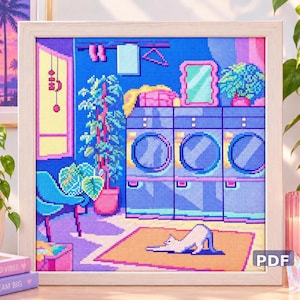 Vaporwave Cat Cross Stitch Pattern PDF, Neon Retro Laundry Room Pixel Art, Synthwave Aesthetic Cute Kitten Embroidery, Lo-Fi Houseplant Char