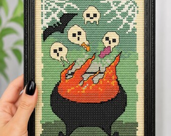 Halloween Cauldron Cross Stitch Pattern, Witchy Skulls, Gothic Embroidery (PDF)