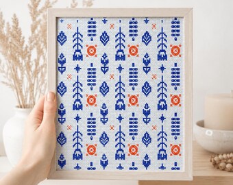 Scandinavian Floral Cross Stitch Pattern, Minimalist Blue Flower Sampler (PDF)