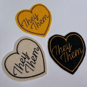 Pronoun Patch Iron On They Them | Non-binary Patch LGBTQ+ Pride Patch | Embroidered Heart Custom Colour Jacket Backpack Gift