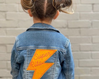 Large super bolt positive affirmation. Personalised name felt patch for childrens and adults gender neutral clothing and denim jackets