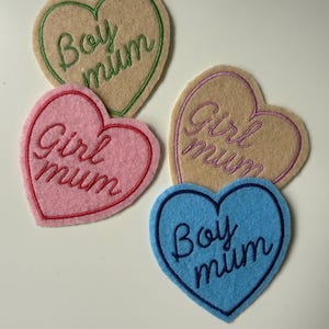 Gender Boy Girl mum Patch Iron On  | New Parent Mum Patch  | Embroidered Heart Custom Colour Jacket Backpack Gift Baby shower