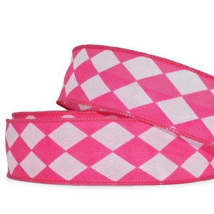 25ft Pink Jester Wired Ribbon, 1.5"W, Valentine's Day, Harlequin, Pink White Diamond, Whimsical Bows, Home Decor, DIY Craft Projects