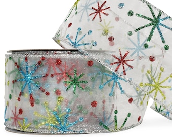 25 Foot Spool Slightly Imperfect Whimsical Colorful Glitter Star Snowflakes Christmas Winter White Sheer Wired Ribbon - 2.5 Inches Wide
