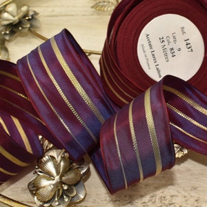 French Wired Ribbon, 6ft x 1.5"W, Made in France, Two Toned, Lurex Laiton Purple Gold Striped Vintage Ribbon, Rare