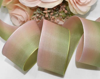 5yds Blush Pink Green Ombre Gradient Wired Ribbon 1.5"W