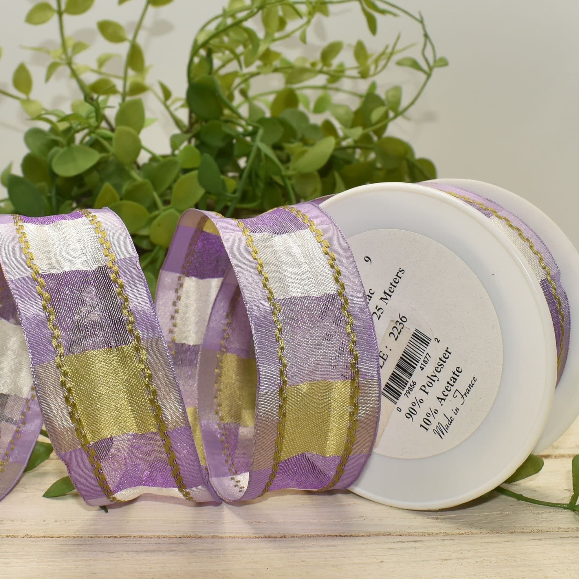 French Lavender Purple Green Sheer Wired Ribbon, 10ft X 1.5