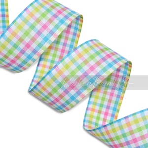 May include: A pastel-colored gingham ribbon in shades of pink, blue, yellow, and green. The ribbon is tightly woven with a classic checkered pattern. The ribbon is ideal for crafting, gift wrapping, or adding a decorative touch to various projects.