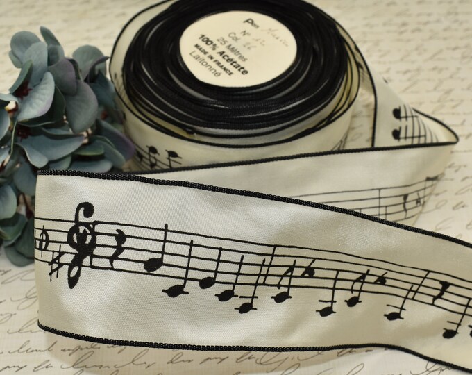 French Music Notes Musical Black Ivory Wired Ribbon, 6ft X 2 1/16